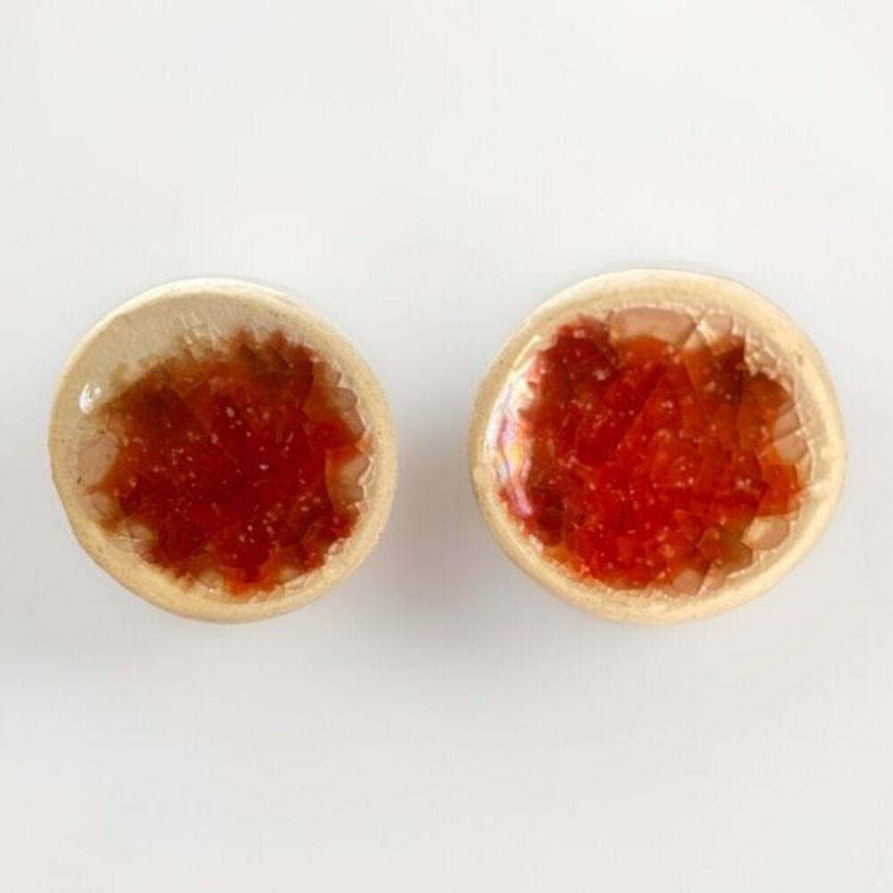 Handmade Ceramic & Glass Earrings Stud Post plug Orange‎ Red white Round 7/8”